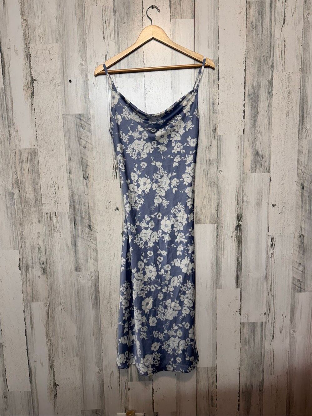 Inspired Heart Floral Satin Cowl Neck Midi Slip Dress Dusty Blue Womens M Weddin